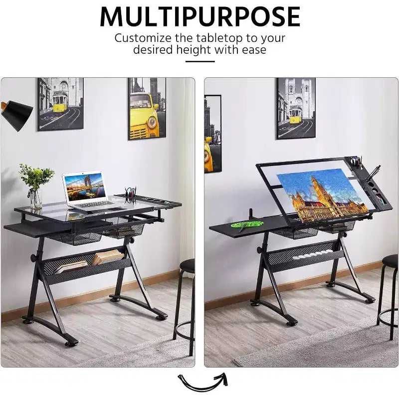 Tavolo da disegno in vetro, scrivania artistica regolabile in altezza, tavolo da disegno per opere d'arte con 2 cassetti portaoggetti, sgabello per ufficio domestico