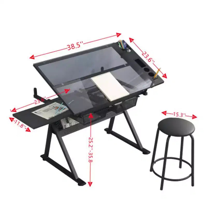 Tavolo da disegno in vetro, scrivania artistica regolabile in altezza, tavolo da disegno per opere d'arte con 2 cassetti portaoggetti, sgabello per ufficio domestico