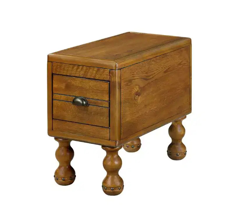 ?Narrow Pine Solid Wood End Table with Drawer, Retro Nightstand for Small Spaces, Easy Assembly,