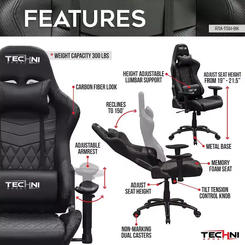 Sedia da gaming ergonomica regolabile TUYOHW, sedia da ufficio girevole a 360° con cuscino per testa e lombare, sedia reclinabile 90-150 per ufficio e casa, max 136 kg, nera