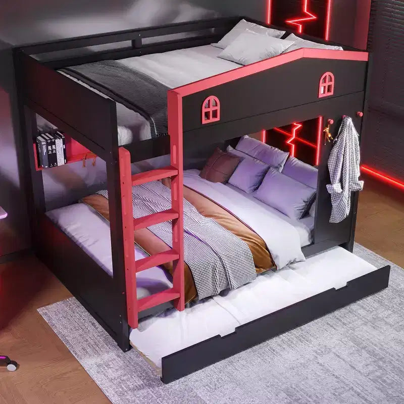 GDFStudio Letto a Castello in Legno Haven con Letto Estraibile, Ripiani Contenitori e Ganci