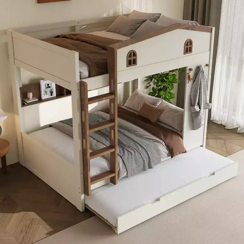 GDFStudio Letto a Castello in Legno Haven con Letto Estraibile, Ripiani Contenitori e Ganci