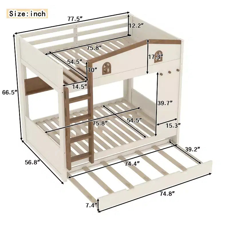 GDFStudio Letto a Castello in Legno Haven con Letto Estraibile, Ripiani Contenitori e Ganci