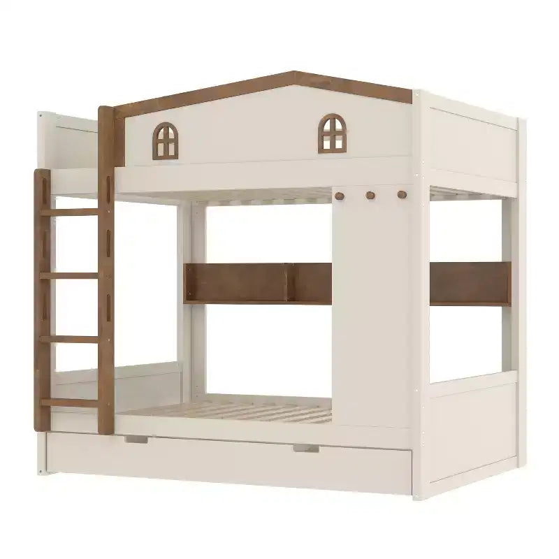 GDFStudio Letto a Castello in Legno Haven con Letto Estraibile, Ripiani Contenitori e Ganci