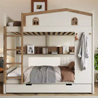 GDFStudio Haven Wood Bunk Bed with Trundle, Storage Shelves and Hooks