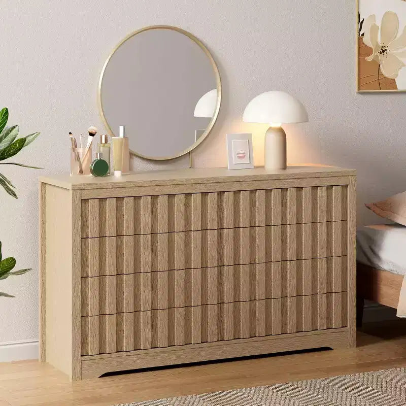Fluted Dresser for Bedroom with 8 Drawers, 54 Wide Modern Chest of Drawers with Curved Profile, Natural Wooden Drawer Organizer for Bedroom