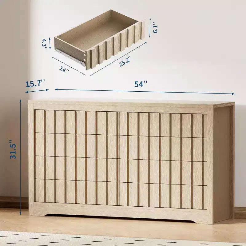 Cassettiera scanalata per camera da letto con 8 cassetti, comò moderno largo 137 cm con profilo curvo, organizer per cassetti in legno naturale per camera da letto