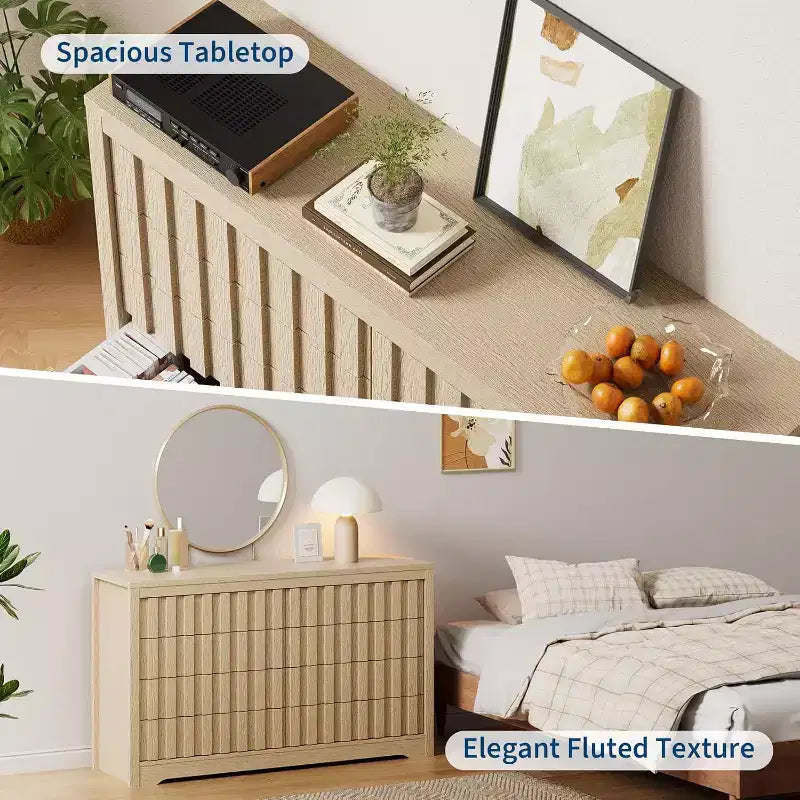Cassettiera scanalata per camera da letto con 8 cassetti, comò moderno largo 137 cm con profilo curvo, organizer per cassetti in legno naturale per camera da letto