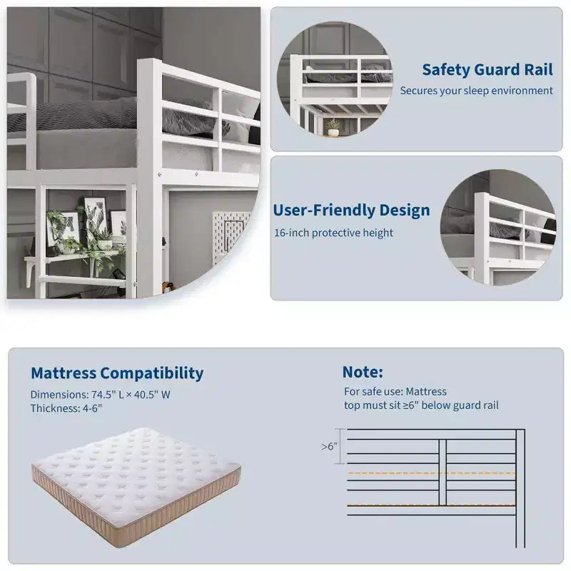 Letto a soppalco singolo con ampia scrivania e ripiani portaoggetti, letto a soppalco in metallo resistente con sponda di sicurezza e scaletta per bambini e adulti, bianco marrone