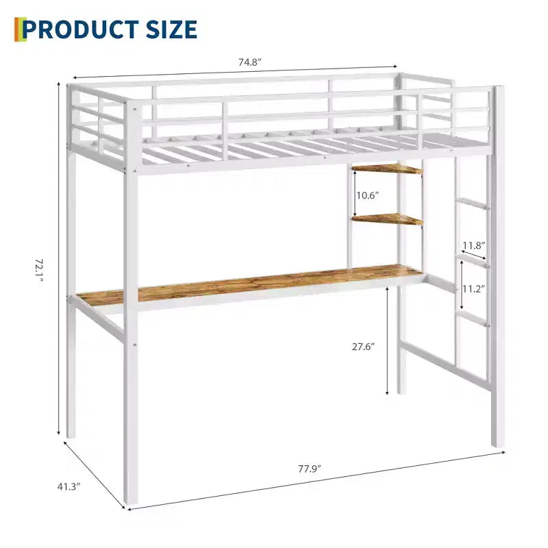 Letto a soppalco singolo con ampia scrivania e ripiani portaoggetti, letto a soppalco in metallo resistente con sponda di sicurezza e scaletta per bambini e adulti, bianco marrone