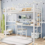 Letto a soppalco singolo con ampia scrivania e ripiani portaoggetti, letto a soppalco in metallo resistente con sponda di sicurezza e scaletta per bambini e adulti, bianco marrone