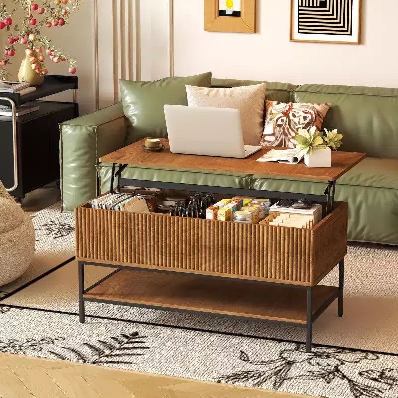 JVNOXK 39.4-inch Rectangular Lift-Top Coffee Table, Farmhouse Style with Hidden Storage and Lower Shelf, Suitable for Living Room, Vintage Brown