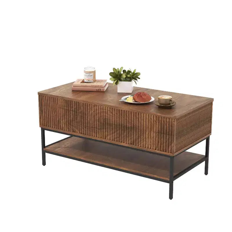 JVNOXK Tavolino da Caffè Rettangolare con Piano Sollevabile da 99,4 cm, Stile Rustico con Vano Contenitore Nascosto e Ripiano Inferiore, Adatto per Soggiorno, Marrone Vintage