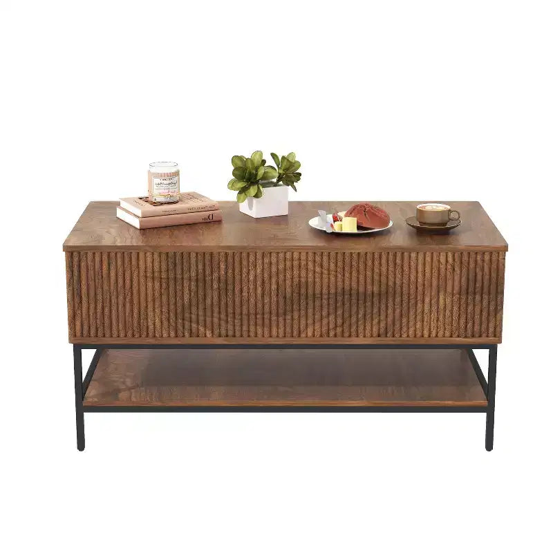 JVNOXK Tavolino da Caffè Rettangolare con Piano Sollevabile da 99,4 cm, Stile Rustico con Vano Contenitore Nascosto e Ripiano Inferiore, Adatto per Soggiorno, Marrone Vintage
