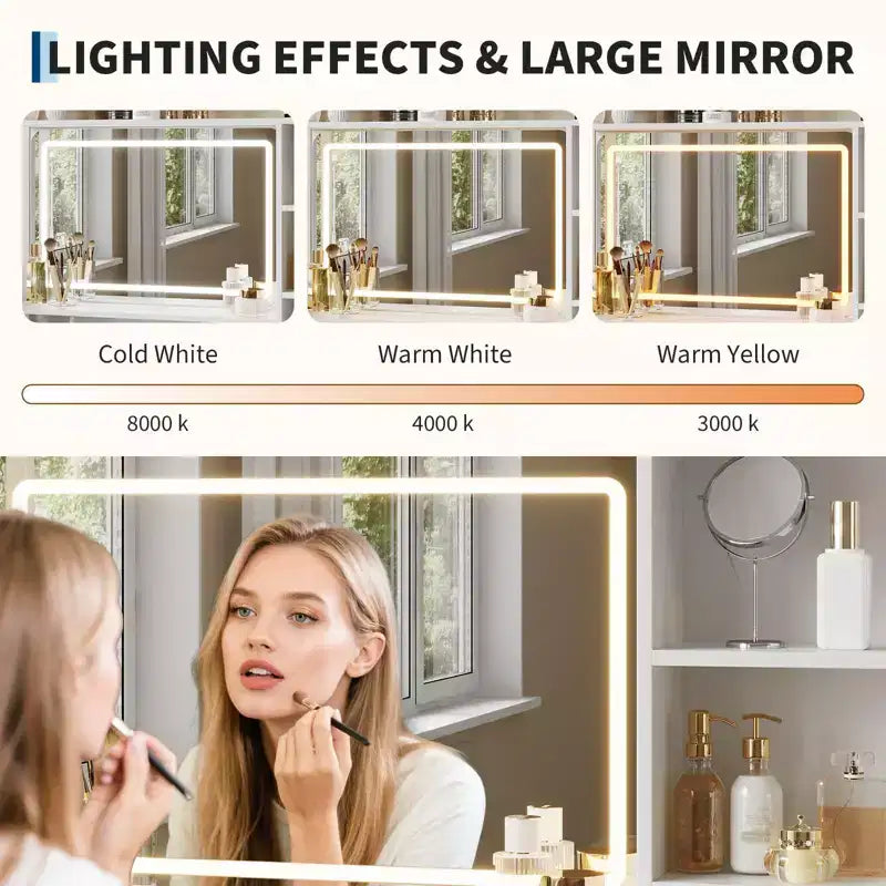 Toeletta con Specchio e Luci, Tavolo da Trucco con 4 Cassetti in Tessuto e Ripiani portaoggetti, Luci LED Regolabili, Tavolo da Trucco