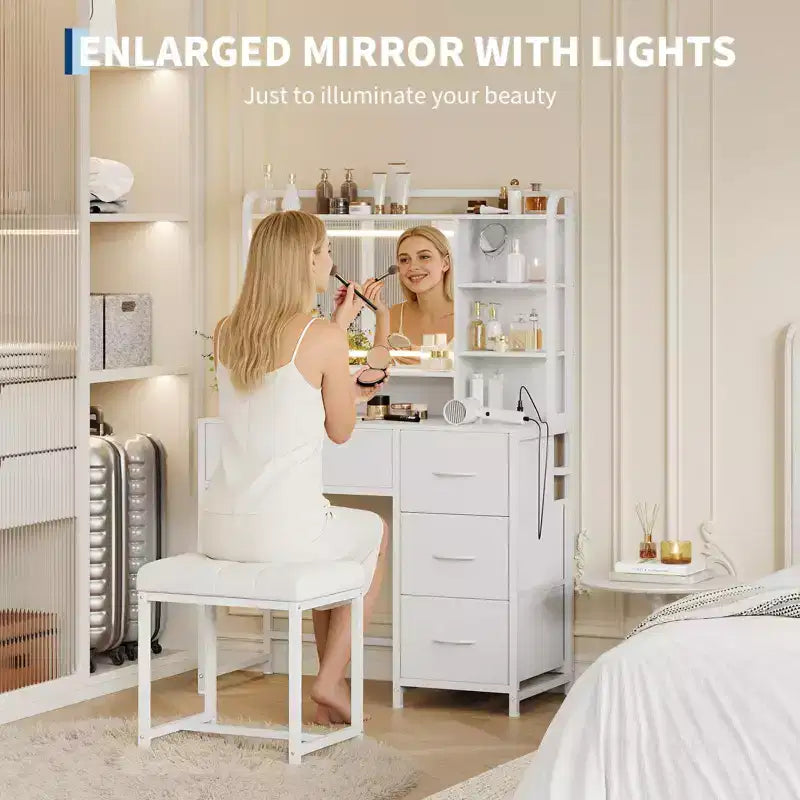 Toeletta con Specchio e Luci, Tavolo da Trucco con 4 Cassetti in Tessuto e Ripiani portaoggetti, Luci LED Regolabili, Tavolo da Trucco