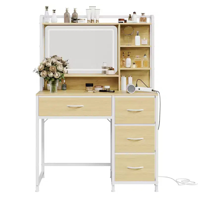 Vanity Desk with Mirror and Lights, Makeup Vanity Table with 4 Fabric Drawers & Storage Shelves, Adjustable LED Lights,Vanity Dressing Table