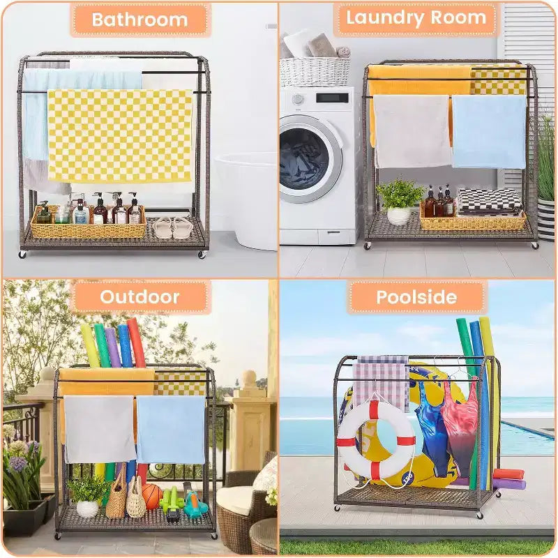 COZONY Porta Asciugamani Autoportante da Bordo Piscina, Base Mezza Rattan con 5 Barre e Spazio Contenitore, per Esterni/Interni