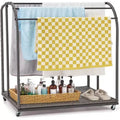 COZONY Freestanding Poolside Towel Rack, Half-Rattan Base w/ 5 Bars & Storage, for Outdoor/Indoor