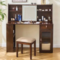 Okak Elegant Vanity Desk with 3 Modes Adjustable Mirror, Makeup Desk with Large Shelves and Padding Stool, Dressing Table for Home, Walnut