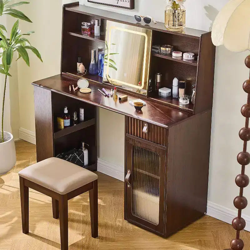 Okak Scrivania da toeletta elegante con specchio regolabile a 3 modalità, scrivania per il trucco con ampi ripiani e sgabello imbottito, tavolo da trucco per la casa, noce