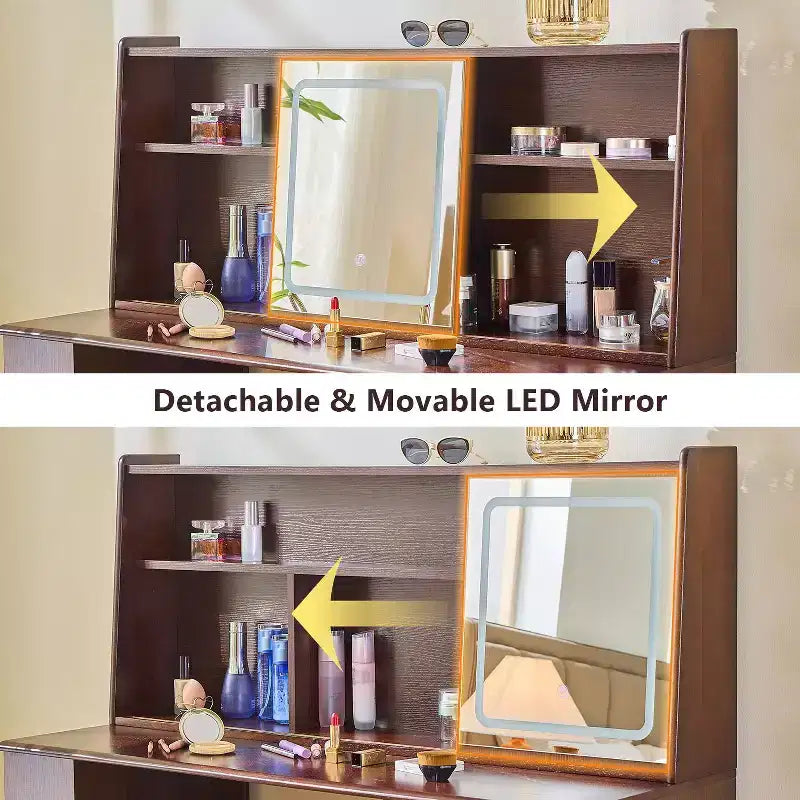 Okak Scrivania da toeletta elegante con specchio regolabile a 3 modalità, scrivania per il trucco con ampi ripiani e sgabello imbottito, tavolo da trucco per la casa, noce