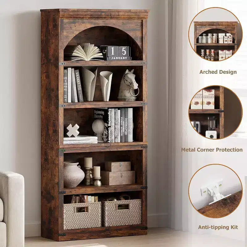 Libreria ad arco Acekool a 5 ripiani, scaffale portaoggetti effetto legno rustico con protezioni angolari in metallo per soggiorno, ufficio