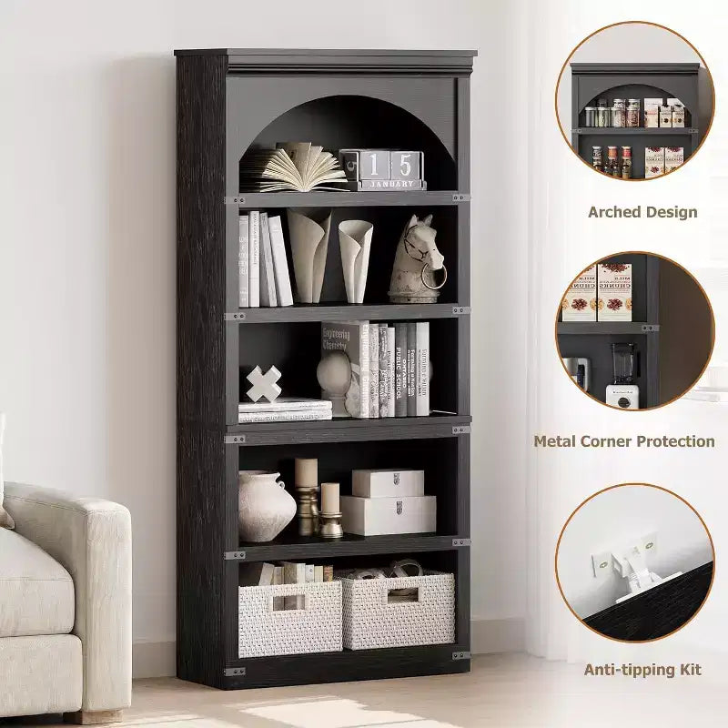 Libreria ad arco Acekool a 5 ripiani, scaffale portaoggetti effetto legno rustico con protezioni angolari in metallo per soggiorno, ufficio