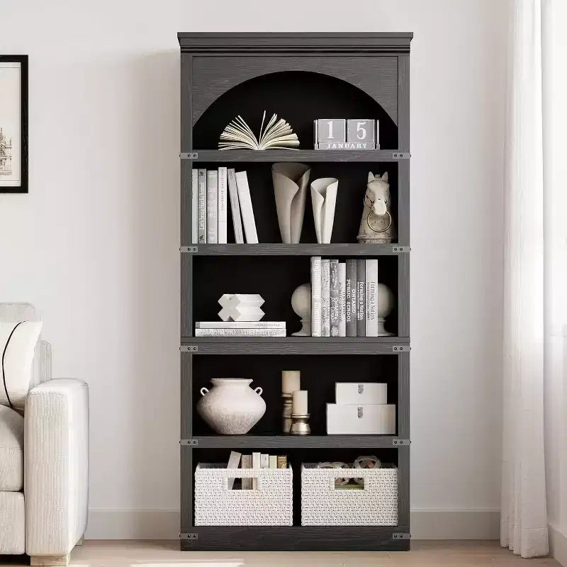 Libreria ad arco Acekool a 5 ripiani, scaffale portaoggetti effetto legno rustico con protezioni angolari in metallo per soggiorno, ufficio