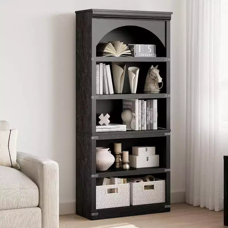 Acekool 5 Shelf Arched Bookcase, Rustic Wood Look Storage Shelf with Metal Corner Guards for Living Room Office