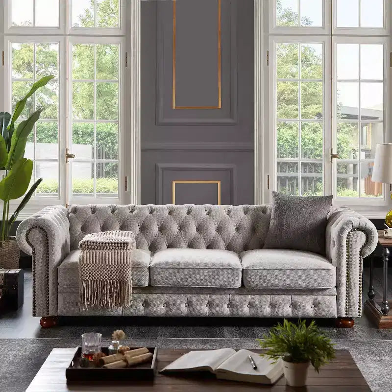 MAYEERTY Solid Wood & Metal Frame Sofa with Line Fabric Bronze Nail Solid Wood Legs for Living Room Office Dark Gray