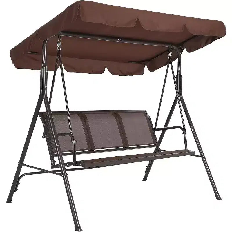 Brown 3-Person Outdoor Canopy Swing  Weather-Resistant Steel Frame & Breathable Mesh Seat for Patio & Backyard