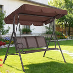 Altalena da Esterno con Tettuccio a 3 Posti Marrone Telaio in Acciaio Resistente alle Intemperie e Seduta in Tessuto a Rete Traspirante per Patio e Giardino