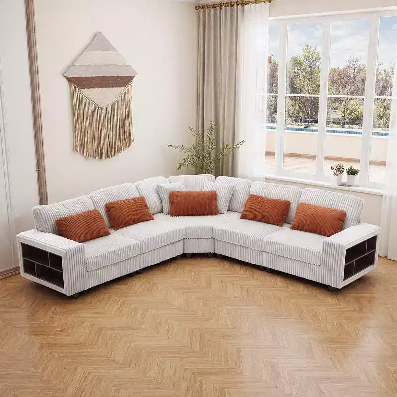 142 Divano componibile moderno a L di grandi dimensioni con bracciolo portaoggetti e cuscini decorativi, divano componibile in velluto a coste per soggiorno-Panipeachy