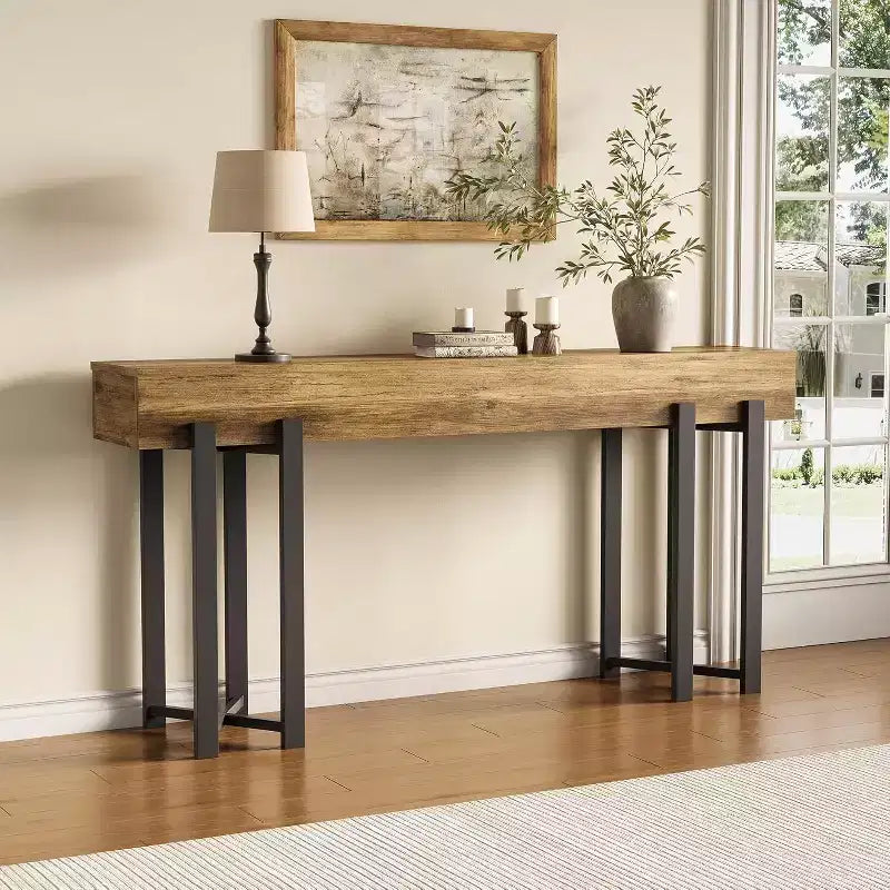 Lantine 63-Inch Console Table, Industrial Behind Couch Sofa Table with Black Metal Frame for Entryway, Living Room, Foyer, Rustic Brown
