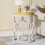 Lantine Round End Table, Farmhouse Side Table with White Metal Hollow Frame, Small Bedside Table Nightstand for Living Room, Bedroom, Easy Assembly