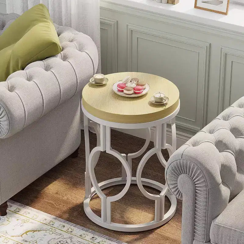 Tavolino Rotondo Lantine, Tavolino Laterale Rustico con Struttura Vuota in Metallo Bianco, Comodino Piccolo per Soggiorno, Camera da Letto, Facile Montaggio