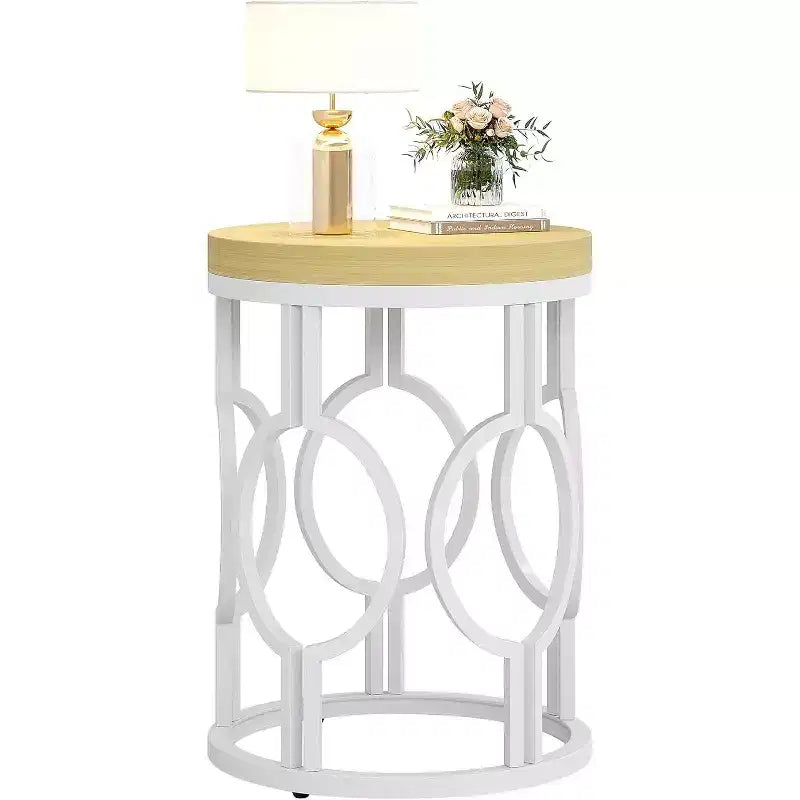 Tavolino Rotondo Lantine, Tavolino Laterale Rustico con Struttura Vuota in Metallo Bianco, Comodino Piccolo per Soggiorno, Camera da Letto, Facile Montaggio