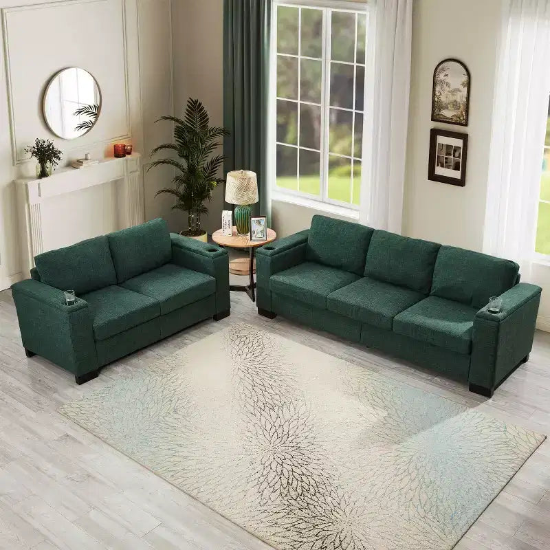 MAYEERTY Two Pieces 2+3 Seater Sectional Sofa with Cup Holder Square Arm Upholstered Polyester for Living Room Green