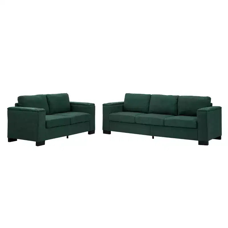 Divano sezionale MAYEERTY due pezzi 2+3 posti con portabicchieri, braccioli quadrati, rivestimento in poliestere imbottito per soggiorno, colore verde