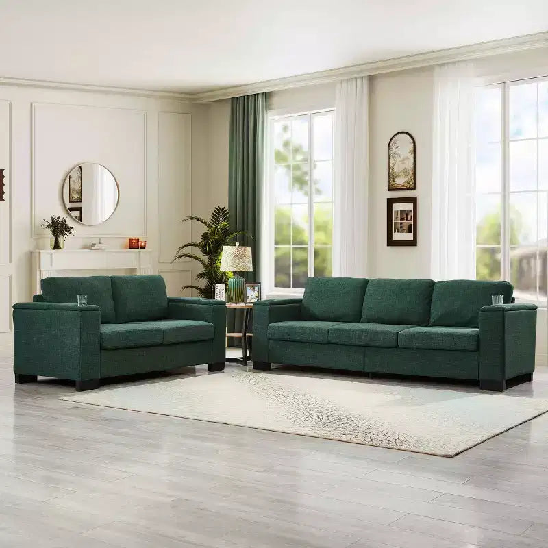 Divano sezionale MAYEERTY due pezzi 2+3 posti con portabicchieri, braccioli quadrati, rivestimento in poliestere imbottito per soggiorno, colore verde