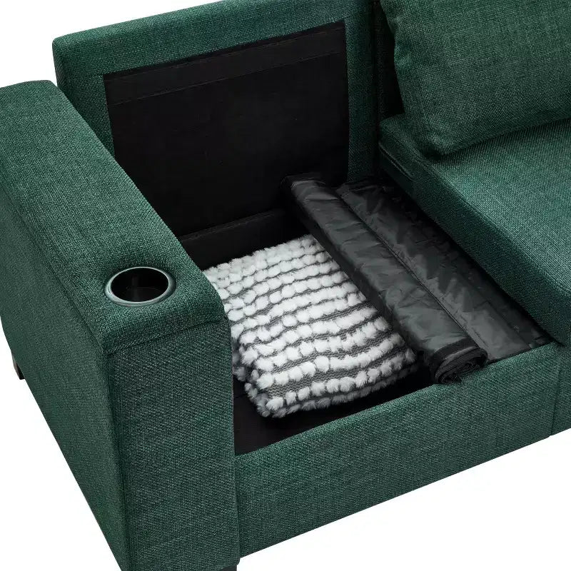 Divano sezionale MAYEERTY due pezzi 2+3 posti con portabicchieri, braccioli quadrati, rivestimento in poliestere imbottito per soggiorno, colore verde