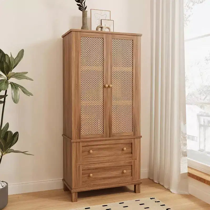 Mobile dispensa alto 64 pollici con 2 ante, 2 cassetti e ripiani regolabili, armadio multiuso in rattan per cucina, soggiorno, ingresso