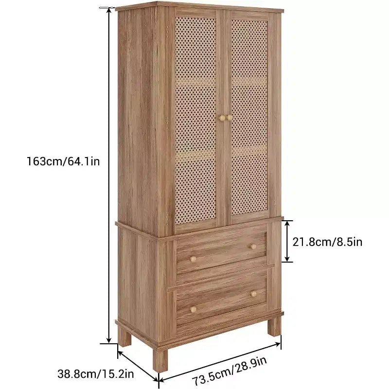 Mobile dispensa alto 64 pollici con 2 ante, 2 cassetti e ripiani regolabili, armadio multiuso in rattan per cucina, soggiorno, ingresso