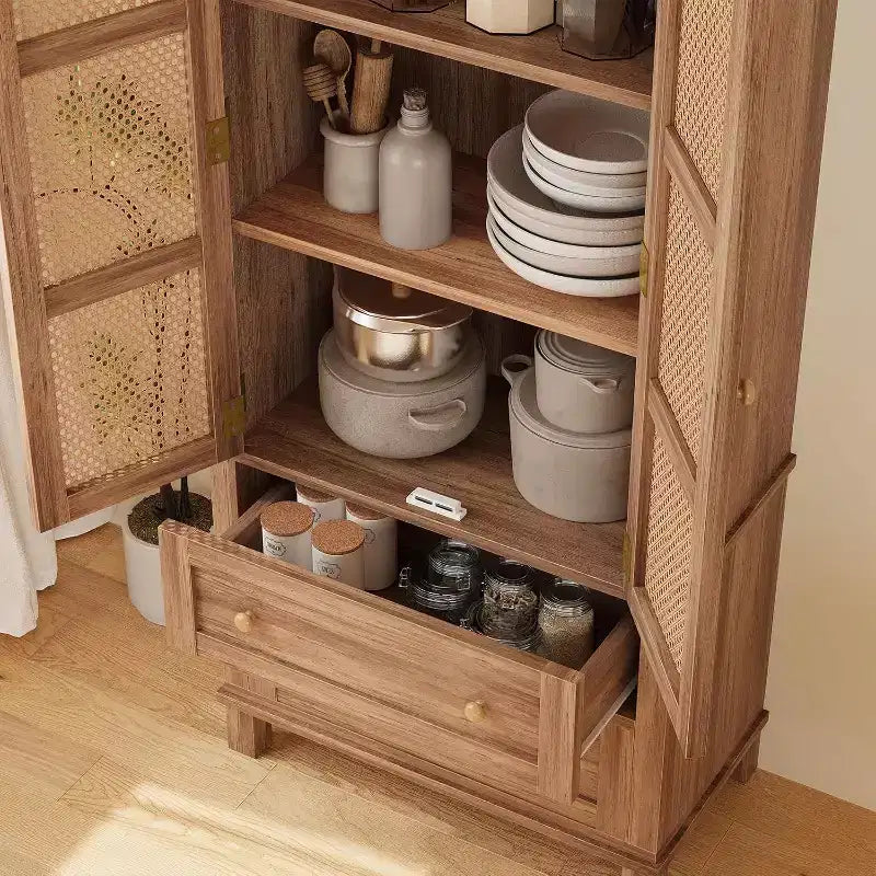 Mobile dispensa alto 64 pollici con 2 ante, 2 cassetti e ripiani regolabili, armadio multiuso in rattan per cucina, soggiorno, ingresso