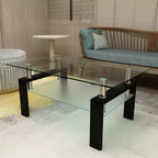 Rectangle Glass Coffee Table, Clear Double Layer Storage, Metal Tube, Mid Century Modern End Table for Living Room, Office