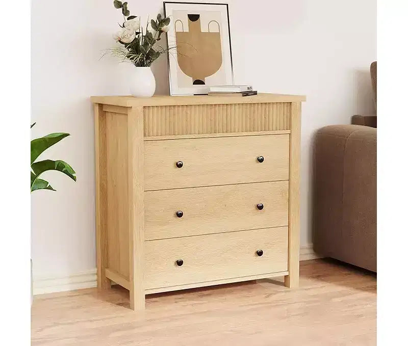 Modern Fluted Dresser Bedside Table - 3 Drawer Wooden Storage Cabinet - Sleek Chest of Drawers Organizer - Natural Oak Finish, 3 Buckets