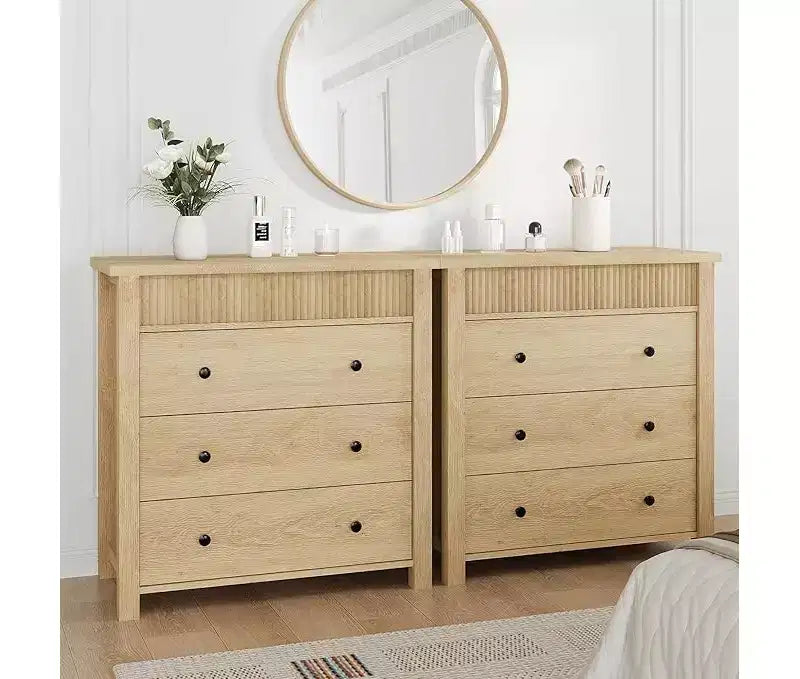 Comodino moderno a 3 cassetti scanalato - Mobile contenitore in legno - Organizzatore elegante - Finitura rovere naturale, 3 scomparti