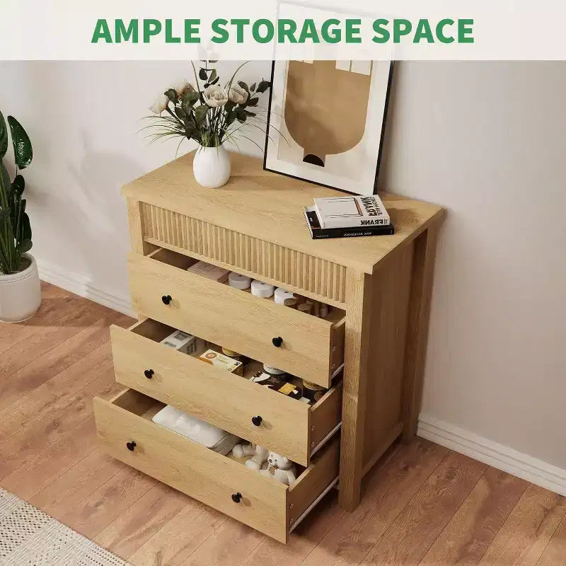 Comodino moderno a 3 cassetti scanalato - Mobile contenitore in legno - Organizzatore elegante - Finitura rovere naturale, 3 scomparti