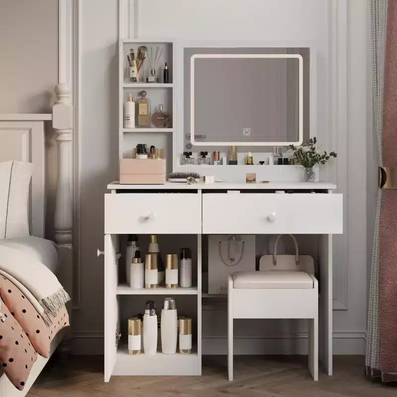 Okak Vanity Desk with 3 Color Adjustable Mirror, Makeup Vanity with Stool and Ample Storage, Compact Vanity for Living Room, Bedroom, White